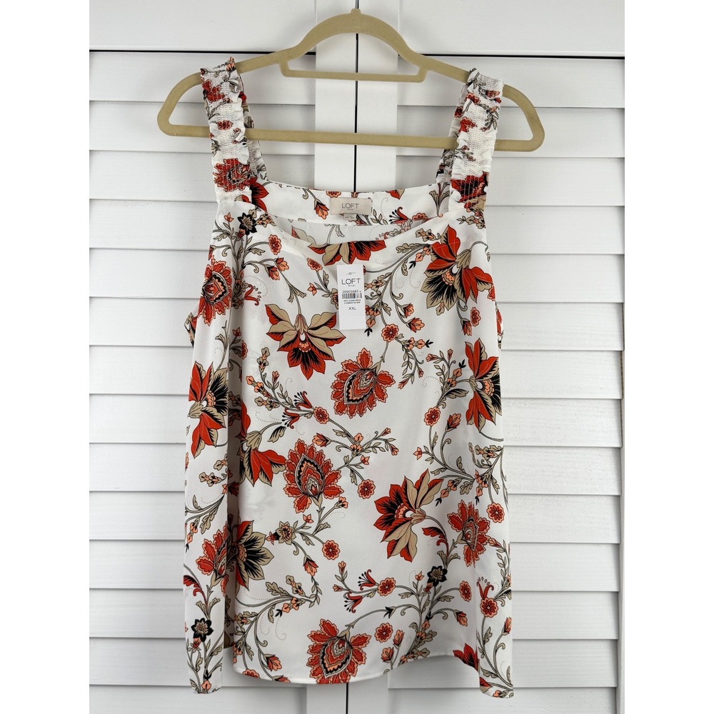 LOFT Tank Top XXL White Floral Smocked Strap Square Neck NEW